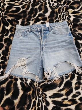 Distressed Light Blue Denim Jean Shorts with Frayed Hem